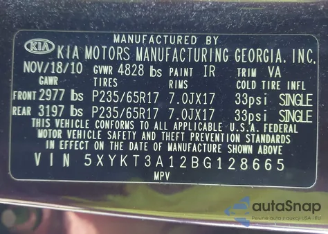 2011 Kia Sorento Lx from USA, damaged, VIN 5XYKT3A12BG128665